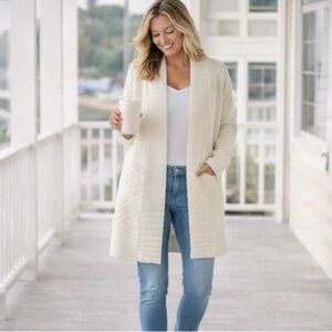 Chico’s Cream Longline Cardigan Duster | Open Front Knit Sweater XS/S